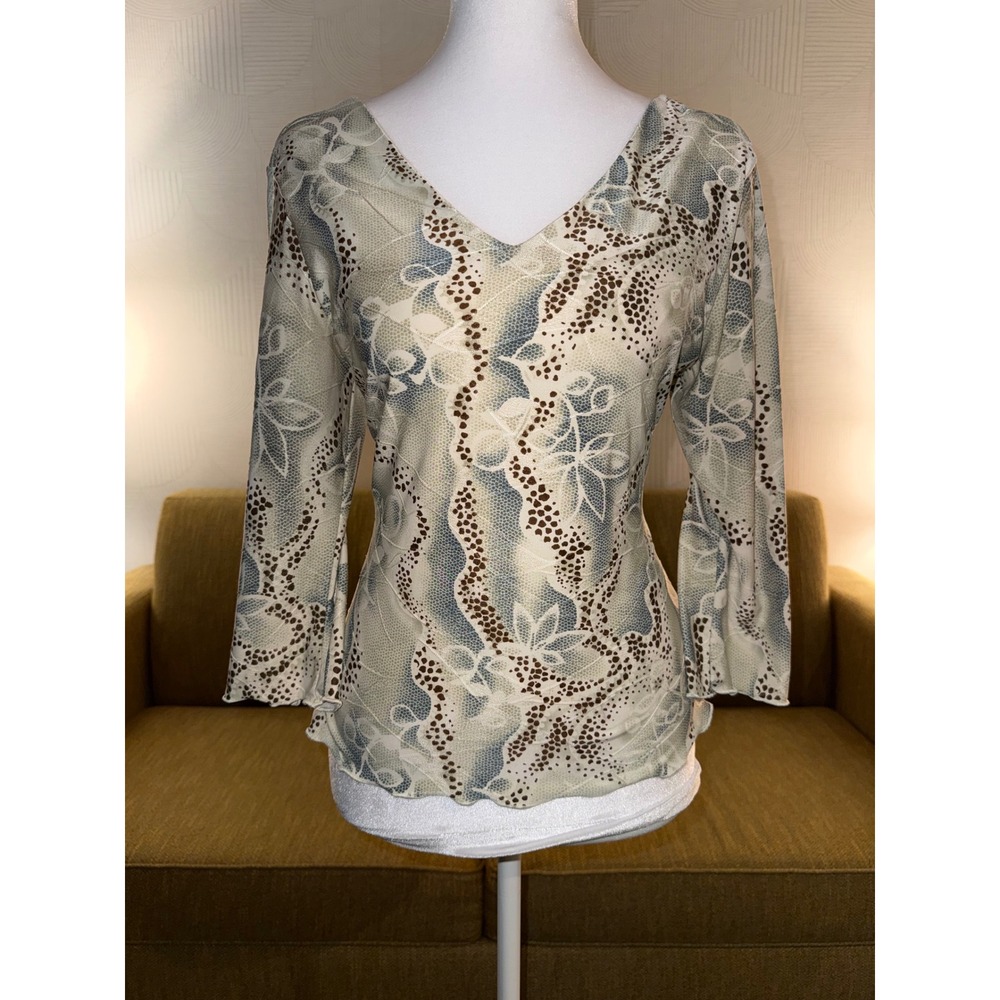 Jaipur Womens V-Neck‎ 3/4 Sleeve Floral Abstract Print Lettuce Edge Top Cream M